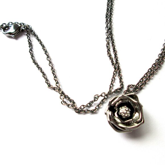 🖤🌹 Swarovski Black Rose Pendant Necklace Enamel Pave Crystal Dark Silver Tone - Picture 2 of 13